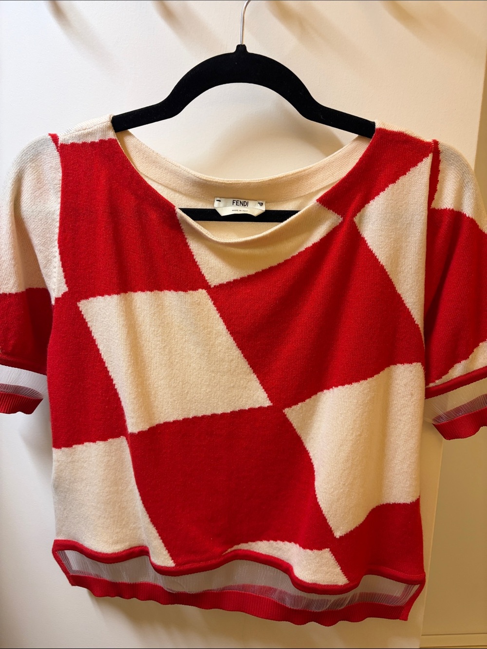 Fendi Red and Cream Checkerboard Short Sleeve Knit Top